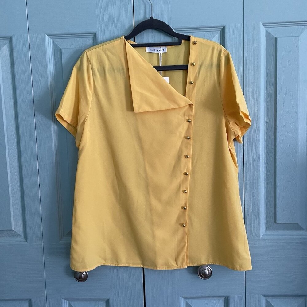 Tendency Womens Yellow Button Front Short Sleeve Blouse Top Med Flowy Semi Sheer
